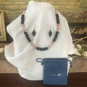 FORTUNOFF: VINTAGE 1997 CZEC BLACK AND PINK GLASS BEADED NECKLACE AND EARRINGS